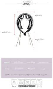 Detail showing dimensions of rhinestone tassel hair claw clip with 10cm long crystal fringe