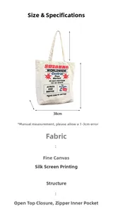 Detail of canvas tote bag with 38cm width, screen-printed design, and zip inner pocket