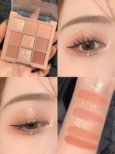 Nine-color eyeshadow palette with matte and shimmer shades shown through eye and arm swatches