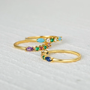 Luxurious S925 sterling silver gold plated ring set with colorful marquise gemstones