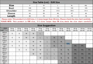 Size chart showing European measurements for men's business casual baseball jacket