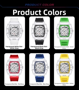 Six colors of transparent tonneau quartz watches with skeleton dial and silicone straps