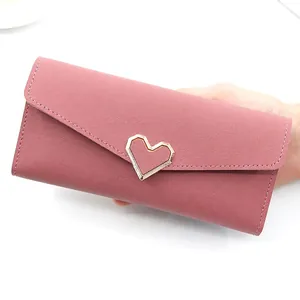 Fashion long pink heart wallet for women with high capacity and gold heart clasp