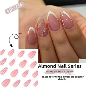 Detail of almond-shaped French nails with silver glitter waves and white tips