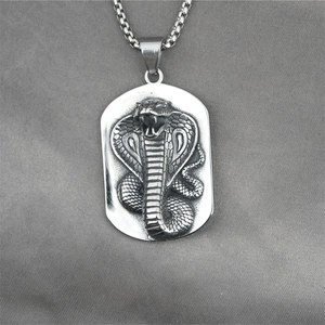 Vintage steel military tag necklace with a 3D cobra relief pendant on silver chain