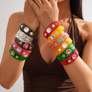 Retro Resin Open Cuff Bracelet Colorful Transparent Geometric Rhinestone Inlaid Luxury Fashion Jewelry For Women