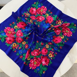 Detail of vintage floral pattern on navy blue square cotton linen headscarf wrap