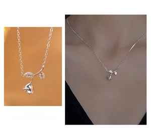 Close-up of S925 silver rose necklace with zircon leaves and model wearing effect