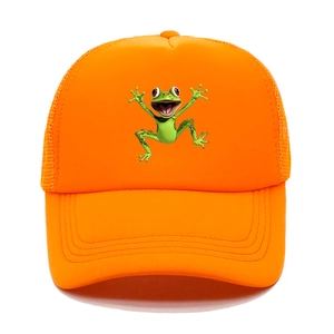 Macro shot of an orange trucker hat featuring a 3D green frog print and breathable mesh back