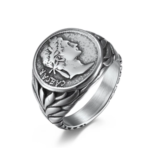 Vintage stainless steel Roman Empire Caesar coin signet ring with laurel leaf design