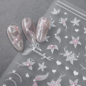 5D embossed floral nail art stickers with white and pink flowers, hearts and pearls