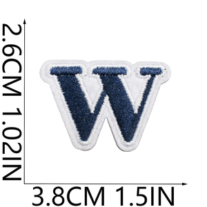 Navy blue embroidered letter W patch with white border measuring 3.8cm by 2.6cm