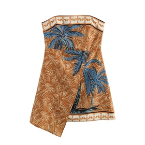 Tropical Coconut Tree Print Tube Top Mini Dress Asymmetric Hem Polyester Sexy Summer Vacation Beachwear For Women