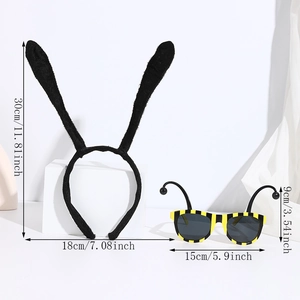 Detail showing dimensions of bee-style sunglasses and fuzzy rabbit ear headband set