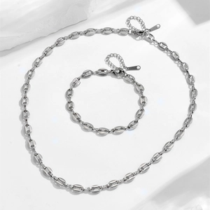 Silver mariner link necklace and bracelet set with coffee bean style chain
