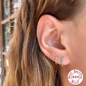 Classic S925 sterling silver gold hoops with blue zircon cross and row diamond charms