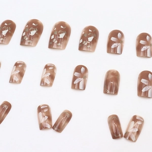 French style translucent purple press-on nails set with gold foil and white floral art