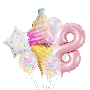 Kit de ballons d'anniversaire thème glace et donut avec chiffre 8 rose et confettis