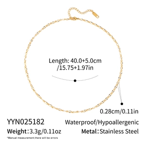 Technical specs of 18K gold plated stainless steel necklace with size and weight info