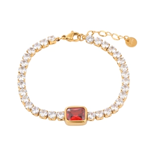 Elegant gold stainless steel bracelet featuring red rectangular crystal and white zircons