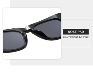 Detail of lightweight integrated nose pads on black cat-eye acetate sunglasses