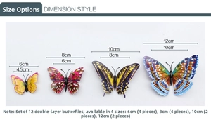 Size chart for 3D luminous double-layer butterfly wall stickers set with measurements