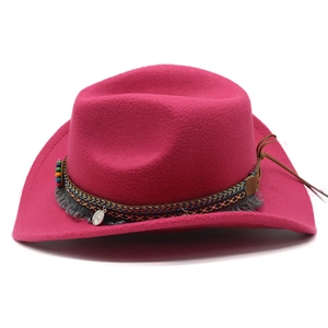 Detail of rose red wool cowboy hat with ethnic beads, woven band and grey fringe