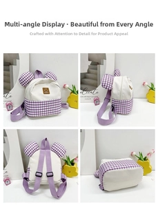 Detailed multi-angle views of children's mini backpack with purple checkered ears and straps