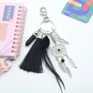 Bohemian dreamcatcher keychain with black tassels, obsidian crystal, and silver metal leaf