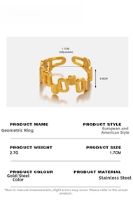 Detailed view of adjustable 18K gold plated stainless steel hollow geometric ring dimensions