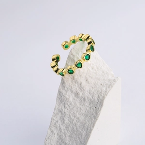 18K gold plated open ring featuring alternating heart and round green zircons