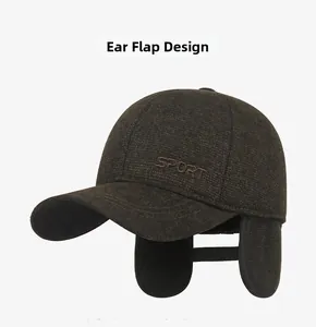 Close-up of winter baseball cap with foldable ear flaps and SPORT embroidery details