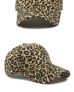 Detailed top and side views of a leopard print baseball cap with curved visor and structured crown