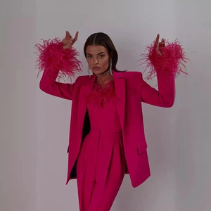Elegant Ostrich Feather Trim Blazer And Trousers With Tube Top Polyester Solid Color Casual Outfits For Women