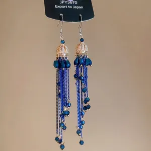Deep blue multi-layer tassel earrings with golden hollow floral caps and sparkling crystal beads