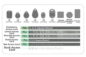Size guide for cartoon leather AirTag cases showing dimensions and card compatibility