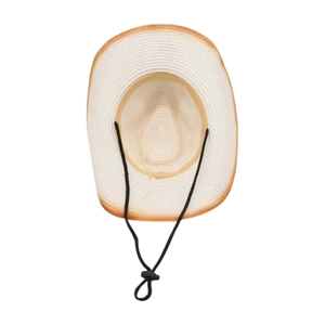 Vue de dessus de l'intérieur du chapeau de paille avec mentonnière noire réglable et bord brun