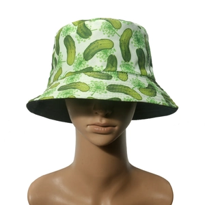 Summer sun bucket hat with funny green pickle print on white canvas fabric for women