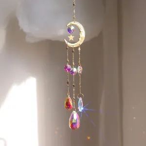 Attrape-soleil lune dorée et étoile avec pendentifs en cristaux multifacettes