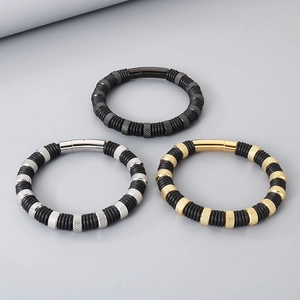 Men's industrial stainless steel beaded leather bracelets in black, silver and gold