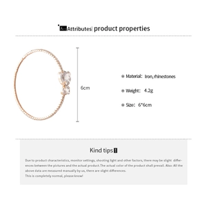 Detail specifications of rose gold iron open bangle with two heart-shaped rhinestones