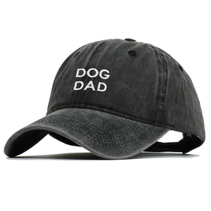 Vintage washed cotton baseball cap with DOG DAD embroidery in dark grey and curved brim