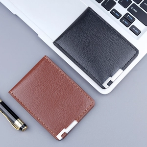 Slim business leather card holder for men with lychee texture and metal corner protector