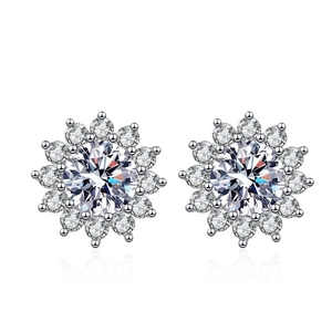 S925 sterling silver sunflower stud earrings featuring brilliant round moissanite stones