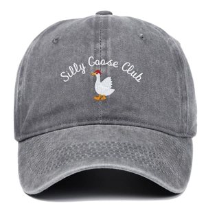 Washed dark grey baseball cap with Silly Goose Club embroidery in a vintage distressed style