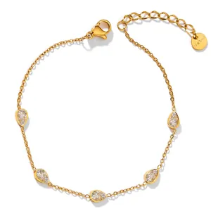 Elegant Stainless Steel Anklet With Pear Cut Colorful Zircon Water Drop Pendant Foot Jewelry For Women Adjustable