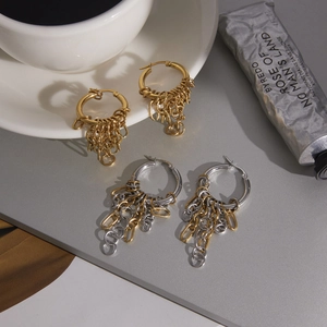 Stainless steel thick hoop earrings with Cuban chain tassels in gold and silver finish