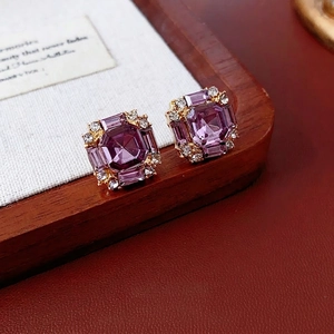 Purple Square Gemstone Stud Earrings With Alloy Rhinestone And Silver Earring Post Vintage Luxury Jewelry For Women