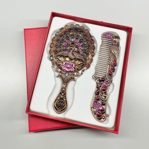 Retro bronze peacock handheld mirror and comb set with colorful rhinestones in red gift box