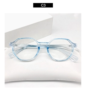 Macro view of C3 light blue transparent geometric eyeglass frames on white leather pouch